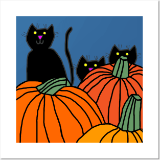 Three Black Cats in the Halloween Pumpkin Patch Posters and Art